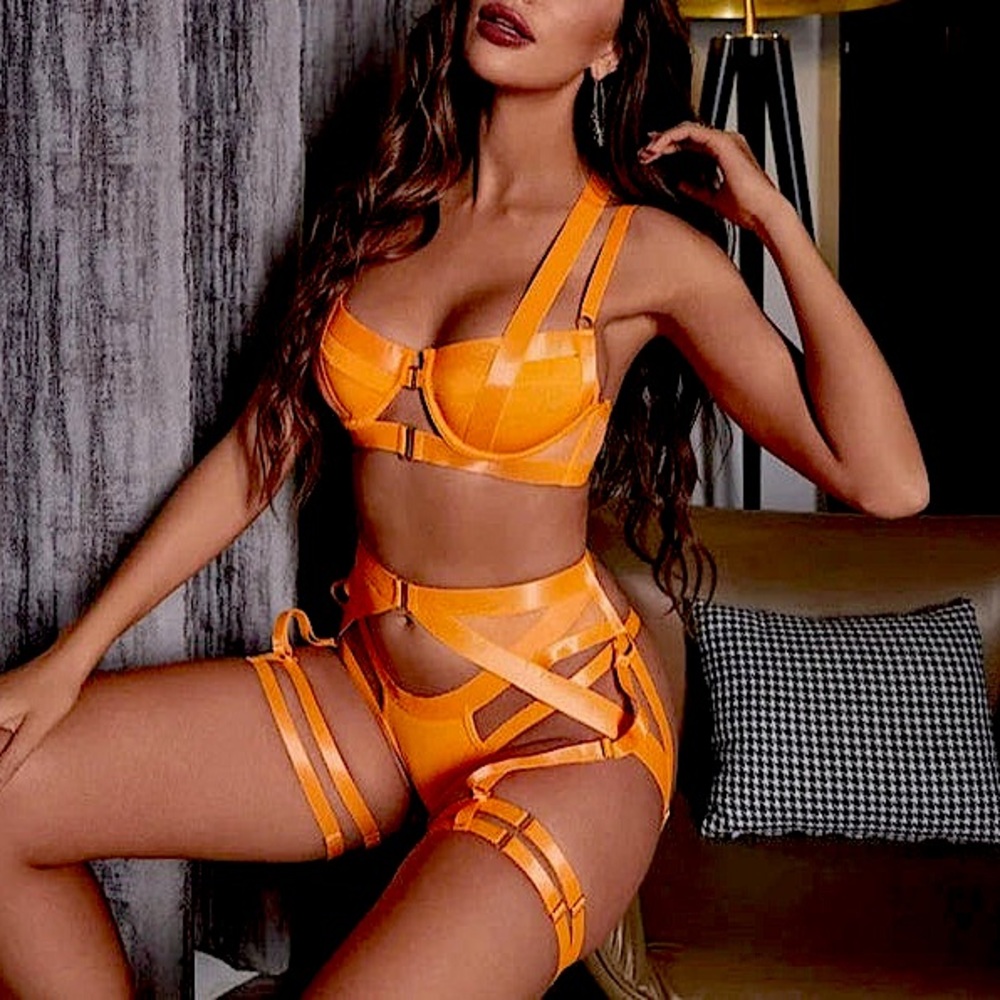 Kaei&Shi Strappy Harness All Adjustable Underwire Racerback 4pc Garter Set New